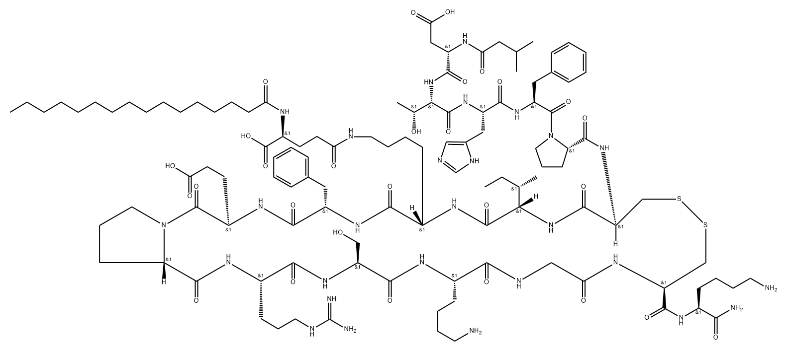 ISOVALERYL-ASP-THR-HIS-PHE-PRO-CYS-ILE-LYS(PALM-GAMMA-GLU)- PHE-GLU-PRO-ARG-SER-LYS-GLY-CYS-LYS-NH2(DISULFIDE BRIDGE: CYS6-CYS16) 结构式