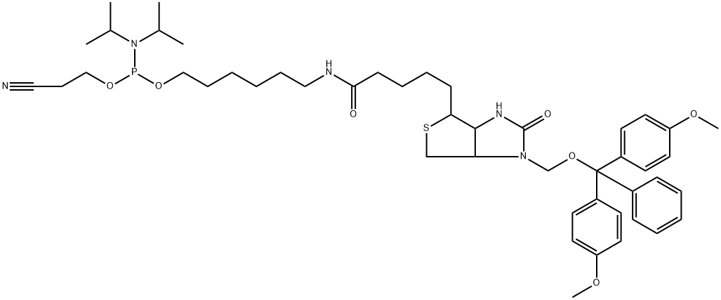 Phosphoramidous acid, N,N-bis(1-methylethyl)-, 6-[[5-[1-[[bis(4-methoxyphenyl)phenylmethoxy]methyl]hexahydro-2-oxo-1H-thieno[3,4-d]imidazol-4-yl]-1-oxopentyl]amino]hexyl 2-cyanoethyl ester 结构式