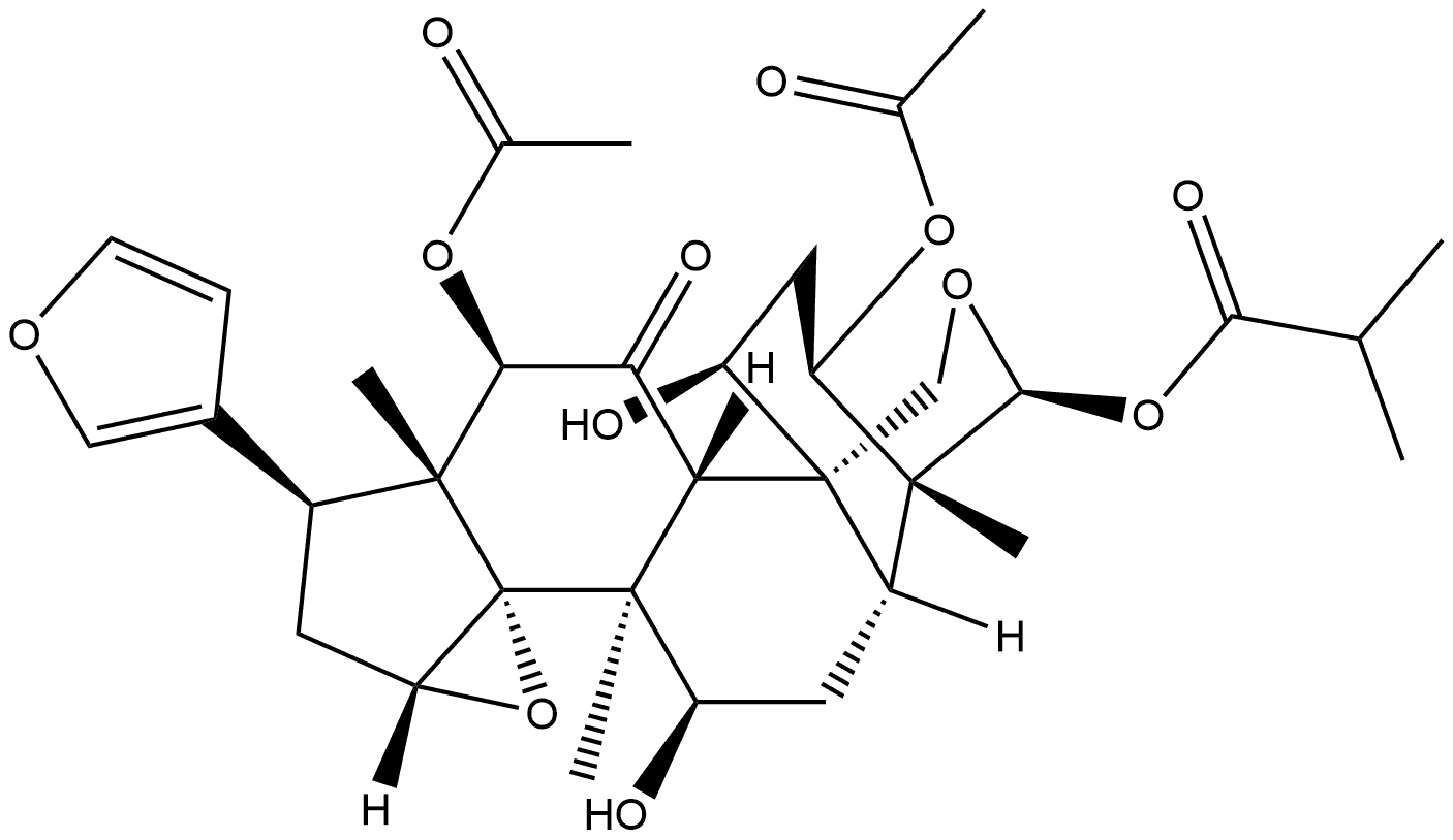 24-Norchola-20,22-diene-4-carboxaldehyde, 3,12-bis(acetyloxy)-14,15:21,23-diepoxy-1,7,19-trihydroxy-4,8-dimethyl-11-oxo-, cyclic 4,19-(2-methyl-1-oxopropyl acetal), [C(S),1α,3α,4β,5α,7α,12α,13α,14β,15β,17α]- 结构式