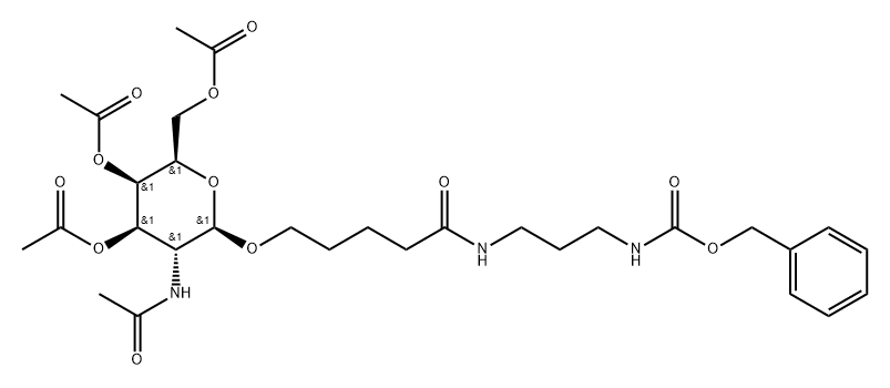 (2R,3R,4R,5R,6R)-二乙酸[5-乙酰氨基-2-(乙酰氧基甲基)-6-[[5-[[3-(CBZ-氨基)丙基]氨基]-5-氧代戊基]氧基]四氢-2H-吡喃-3,4-二基]酯 结构式