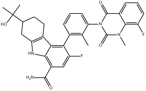 1H-Carbazole-8-carboxamide, 6-fluoro-5-[(3S)-3-(8-fluoro-1,4-dihydro-1-methyl-2,4-dioxo-3(2H)-quinazolinyl)-2-methylphenyl]-2,3,4,9-tetrahydro-2-(1-hydroxy-1-methylethyl)-, (2S,5S)- 结构式