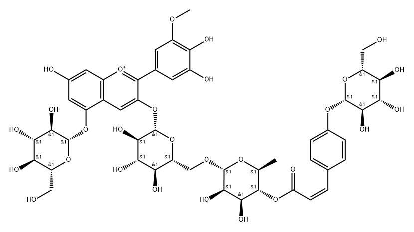 矮牵牛素-3-O-芸香糖苷(顺-对香豆酰)-葡萄糖苷-5-O-葡萄糖苷 结构式