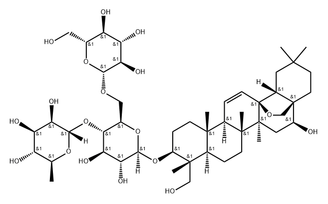 β-D-Glucopyranoside, (3β,4α,16β)-13,28-epoxy-16,23-dihydroxyolean-11-en-3-yl O-6-deoxy-α-L-mannopyranosyl-(1→4)-O-[β-D-glucopyranosyl-(1→6)]- (9CI) 结构式