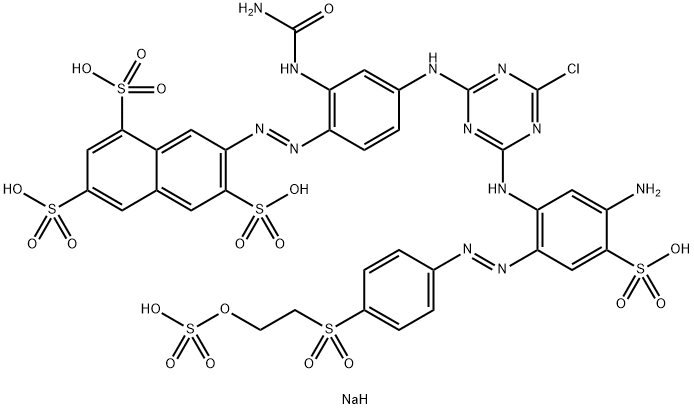 1,3,6-Naphthalenetrisulfonic acid, 7-2-(aminocarbonyl)amino-4-4-5-amino-4-sulfo-2-4-2-(sulfooxy)ethylsulfonylphenylazophenylamino-6-chloro-1,3,5-triazin-2-ylaminophenylazo-, sodium salt 结构式