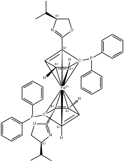 (2R,2'R)-1,1'-Bis[(4S)-4,5-dihydro-4-isopropyl-2-oxazolyl]-2,2'-bis(diphenylphosphino)ferrocene 结构式