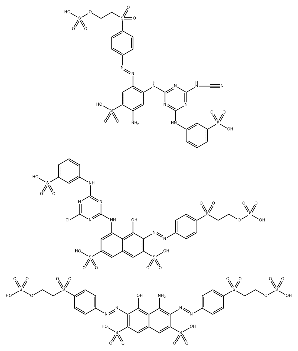 2,7-Naphthalenedisulfonic acid, 4-amino-5-hydroxy-3,6-bis[[4-[[2-(sulfooxy)ethyl]sulfonyl]phenyl]azo]-, mixt. with 2-amino-4-[[4-(cyanoamino)-6-[(3-sulfophenyl)amino]-1,3,5-triazin-2-yl]amino]-5-[[4-[[2-(sulfooxy)ethyl]sulfonyl]phenyl]azo]benzenesulfonic acid and 5-[[4-chloro-6-[(3-sulfophenyl)amino]-1,3,5-triazin-2-yl]amino]-4-hydroxy-3-[[4-[[2-(sulfooxy)ethyl]sulfonyl]phenyl]azo]-2,7-naphthalenedisulfonic acid 结构式