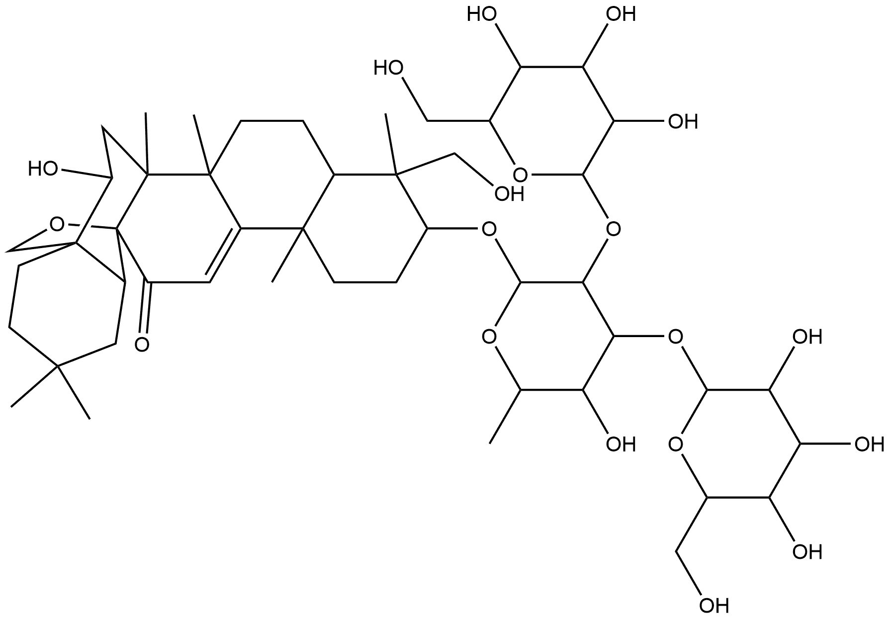 Olean-9(11)-en-12-one, 13,28-epoxy-3-[(O-β-D-glucopyranosyl-(1→2)-O-[β-D-glucopyranosyl-(1→3)]-6-deoxy-β-D-galactopyranosyl)oxy]-16,23-dihydroxy-, (3β,4α,16β)- 结构式