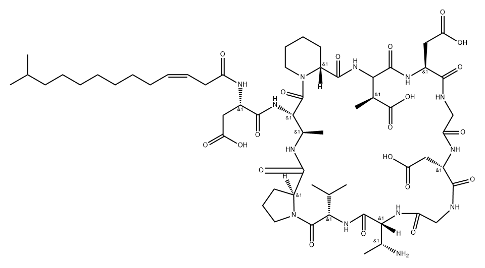 L-Proline, N-[(3Z)-12-methyl-1-oxo-3-tridecen-1-yl]-L-α-aspartyl-(2S,3R)-2,3-diaminobutanoyl-(2R)-2-piperidinecarbonyl-(3S)-3-methyl-L-α-aspartyl-L-α-aspartylglycyl-L-α-aspartylglycyl-(2R,3R)-2,3-diaminobutanoyl-L-valyl-, (11→2)-lactam 结构式