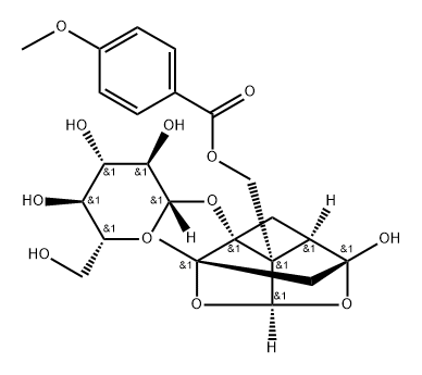 β-D-Glucopyranoside, (1aR,2S,3aR,5R,5aR,5bS)-tetrahydro-5-hydroxy-5b-[[(4-methoxybenzoyl)oxy]methyl]-2-methyl-2,5-methano-1H-3,4-dioxacyclobuta[cd]pentalen-1a(2H)-yl 结构式