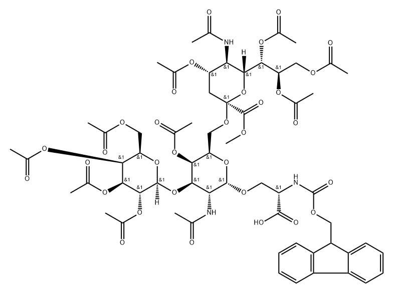 L-Serine, O-[O-(N-acetyl-4,7,8,9-tetra-O-acetyl-1-methyl-β-neuraminosyl)-(2→6)-O-[2,3,4,6-tetra-O-acetyl-β-D-galactopyranosyl-(1→3)]-4-O-acetyl-2-(acetylamino)-2-deoxy-α-D-galactopyranosyl]-N-[(9H-fluoren-9-ylmethoxy)carbonyl]- (9CI) 结构式