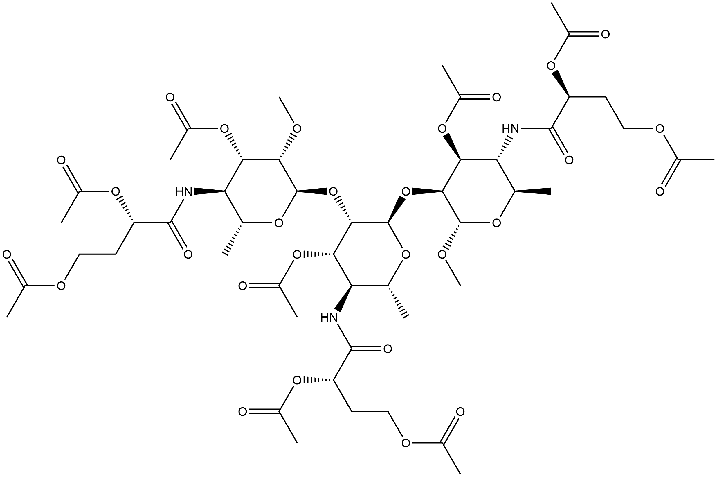 (S)-methyl O-(S)-3-O-acetyl-4-[[2,4-bis(acetyloxy)-1-oxobutyl]amino]-4,6-dideoxy-2-O-methyl-α-D-mannopyranosyl-(1→2)-O-(S)-3-O-acetyl-4-[[2,4-bis(acetyloxy)-1-oxobutyl]amino]-4,6-dideoxy-α-D-mannopyranosyl-(1→2)-4-[[2,4-bis(acetyloxy)-1-oxobutyl]amino]-4,6-dideoxy-α-D-Mannopyranoside 3-acetate 结构式