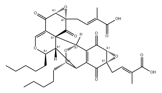 2-Butenoic acid, 4,4'-[(1aR,5R,5aS,6R,7aS,8aR,10R,10aS,11aS,13S)-1a,2,5a,6,7,8a,9,10-octahydro-2,7,9,11-tetraoxo-5,13-dipentyl-10,6-(epoxymethano)bisoxireno[4,5]benzo[1,2-d:1',2'-g][2]benzopyran-7a,11a(5H,11H)-diyl]bis[2-methyl-, (2E,2'E)- 结构式