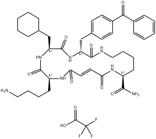 1,4,7,10,15-Pentaazacycloeicos-12-ene-16-carboxamide, 9-(4-aminobutyl)-3-[(4-benzoylphenyl)methyl]-6-(cyclohexylmethyl)-2,5,8,11,14-pentaoxo-, (3R,6S,9S,12E,16S)-, 2,2,2-trifluoroacetate (1:1) 结构式