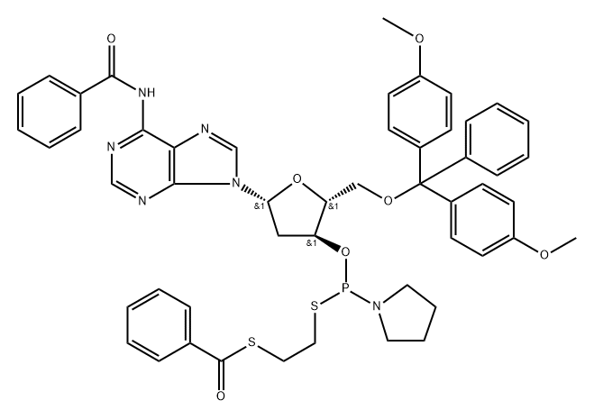 ADENOSINE, N-BENZOYL-5'-O-[BIS(4-METHOXYPHENYL)PHENYLMETHYL]-2'-DEOXY-, 3'-[S-[2-(BENZOYLTHIO)ETHYL] P-1-PYRROLIDINYLPHOSPHONOTHIOITE] 结构式