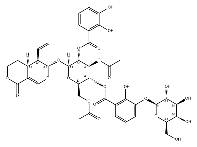 1H,3H-Pyrano[3,4-c]pyran-1-one, 6-[[3,6-di-O-acetyl-2-O-(2,3-dihydroxybenzoyl)-4-O-[3-(β-D-glucopyranosyloxy)-2-hydroxybenzoyl]-β-D-glucopyranosyl]oxy]-5-ethenyl-4,4a,5,6-tetrahydro-, (4aS,5R,6S)- 结构式