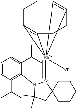 氯代[2-(2,6-二异丙基苯基)-3,3-二甲基-2-氮杂螺[4.5]癸-1-亚基][1,2,5,6-Η-1,5-环辛二烯]铑 结构式