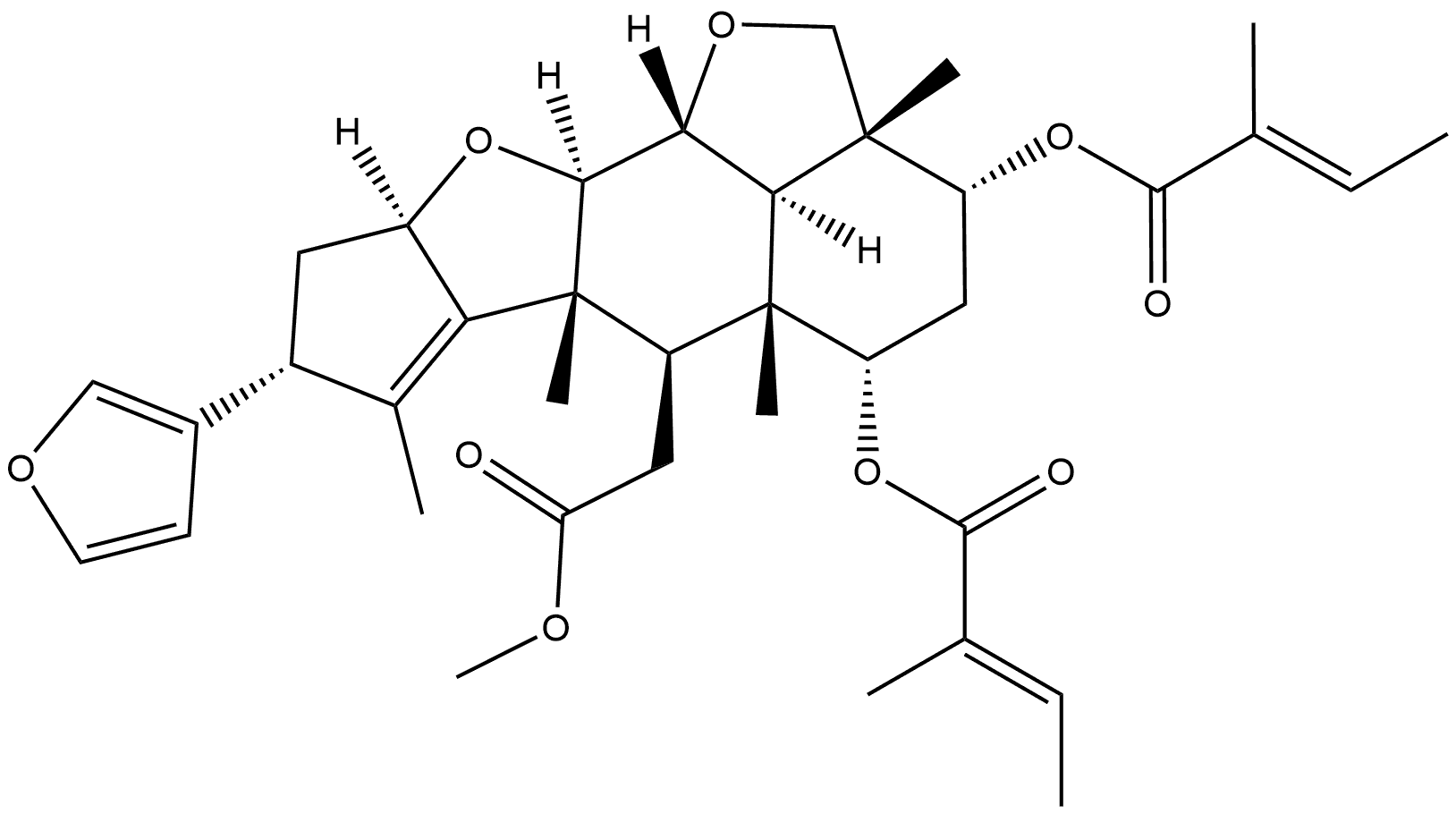 2H,3H-Cyclopenta[d']naphtho[1,8-bc:2,3-b']difuran-6-acetic acid, 8-(3-furanyl)-2a,4,5,5a,6,6a,8,9,9a,10a,10b,10c-dodecahydro-2a,5a,6a,7-tetramethyl-3,5-bis[[(2E)-2-methyl-1-oxo-2-buten-1-yl]oxy]-, methyl ester, (2aR,3R,5S,5aR,6R,6aR,8R,9aR,10aR,10bR,10cR)- 结构式