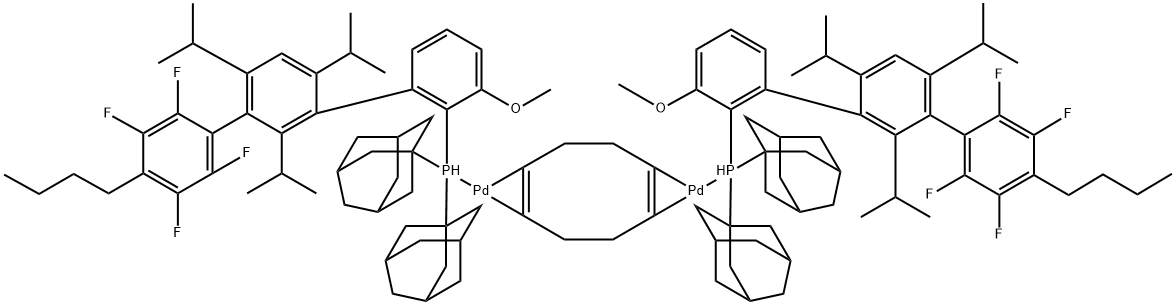 BIS{[2-(DIADAMANTYLPHOSPHINO)-3-METHOXY-2,4,6-TRI-I-PROPYL-3-(2,3,5,6-TETRAFLUORO-4-BUTYLPHENYL)-1,1-BIPHENYL]PALLADIUM(0)}1,5-CYCLOOCTADIENE,[ALPHOSPALLADIUMCOMPLEX] 结构式