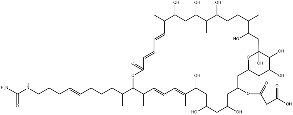 Propanedioic acid, mono[(10E,12E,18E,20E)-15-[(5E)-9-[(aminocarbonyl)amino]-1-methyl-5-nonenyl]-5,7,9,23,25,27,31,33,34,35-decahydroxy-10,14,22,26,30-pentamethyl-17-oxo-16,37-dioxabicyclo[31.3.1]heptatriaconta-10,12,18,20-tetraen-3-yl] ester, (+)- (9CI) 结构式