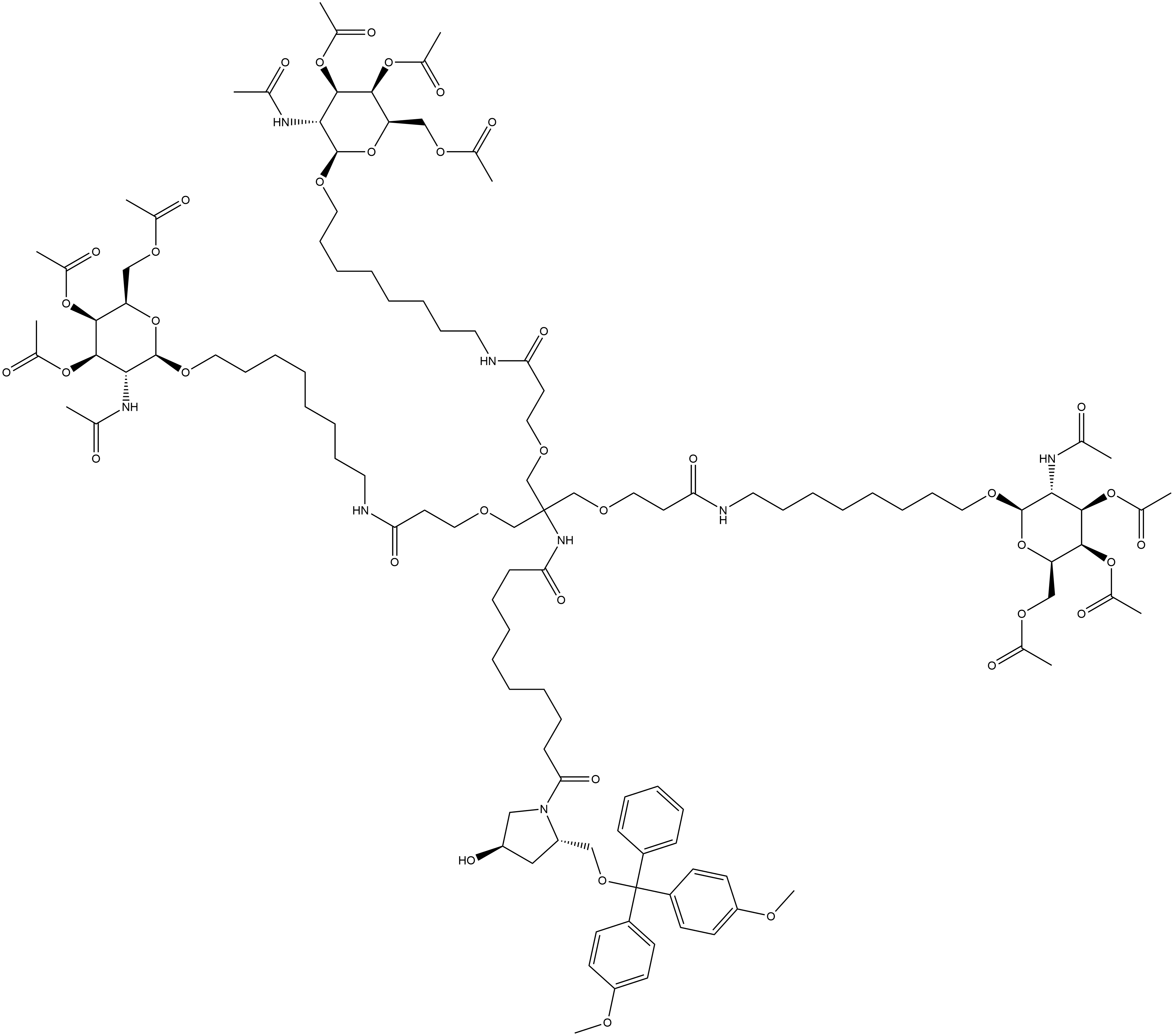(2S,4R)-2-[[Bis(4-methoxyphenyl)phenylmethoxy]methyl]-4-hydroxy-N-[2-[3-oxo-3-[[8-[[3,4,6-tri-O-acetyl-2-(acetylamino)-2-deoxy-β-D-galactopyranosyl]oxy]octyl]amino]propoxy]-1,1-bis[[3-oxo-3-[[8-[[3,4,6-tri-O-acetyl-2-(acetylamino)-2-deoxy-β-D-galactopyranosyl]oxy]octyl]amino]propoxy]methyl]ethyl]-1-pyrrolidinedodecanamide 结构式