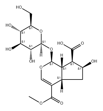 Cyclopenta[c]pyran-4,7-dicarboxylic acid, 1-(β-D-glucopyranosyloxy)-1,4a,5,6,7,7a-hexahydro-6-hydroxy-, 4-methyl ester, (1S,4aS,6S,7R,7aS)- 结构式