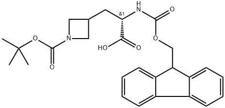 (2S)-3-(1-叔丁氧基羰基氮杂环丁烷-3-基)-2-(9H-芴-9-基甲氧基羰基氨基)丙酸 结构式