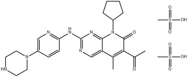 6-乙酰基-8-环戊基-5-甲基-2-[(5-(哌嗪-1-基)吡啶-2-基)氨基]吡啶并[2,3-二嘧啶-7(8H)]-甲磺酸盐 结构式