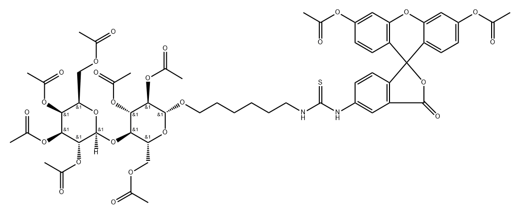 Thiourea, N-3,6-bis(acetyloxy)-3-oxospiroisobenzofuran-1(3H),9-9Hxanthen-5-yl-N-6-2,3,6-tri-O-acetyl-4-O-(2,3,4,6-tetra-O-acetyl-.beta.-D-galactopyranosyl)-.beta.-D-glucopyranosyloxyhexyl- 结构式