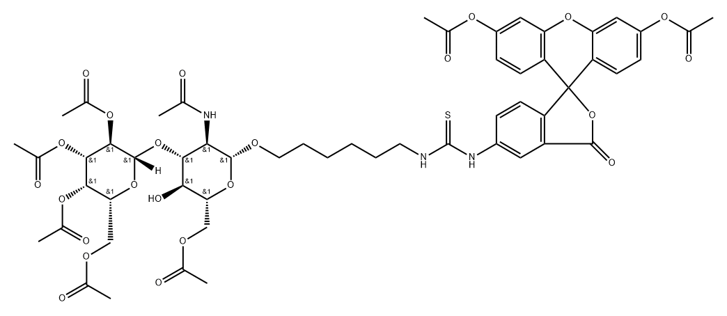 Thiourea, N-6-6-O-acetyl-2-(acetylamino)-2-deoxy-3-O-(2,3,4,6-tetra-O-acetyl-.beta.-D-galactopyranosyl)-.beta.-D-glucopyranosyloxyhexyl-N-3,6-bis(acetyloxy)-3-oxospiroisobenzofuran-1(3H),9-9Hxanthen-5-yl- 结构式