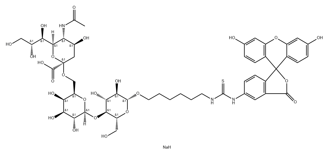 Thiourea, N-6-O-(N-acetyl-.alpha.-neuraminosyl)-(26)-O-.beta.-D-galactopyranosyl-(14)-.beta.-D-glucopyranosyloxyhexyl-N-(3,6-dihydroxy-3-oxospiroisobenzofuran-1(3H),9-9Hxanthen-5-yl)-, disodium salt 结构式