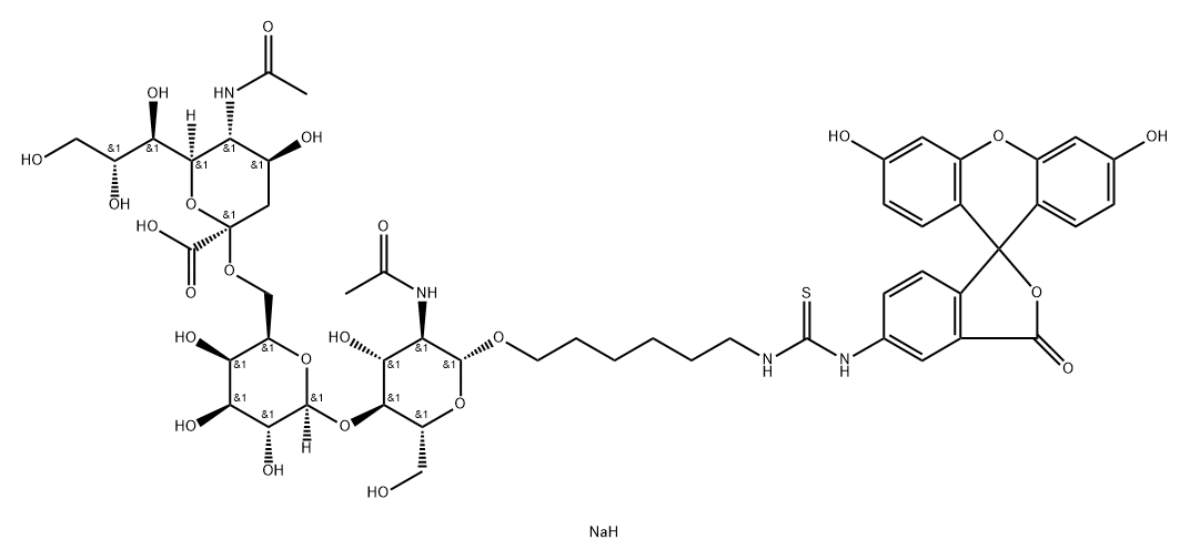 Thiourea, N-6-O-(N-acetyl-.alpha.-neuraminosyl)-(26)-O-.beta.-D-galactopyranosyl-(14)-2-(acetylamino)-2-deoxy-.beta.-D-glucopyranosyloxyhexyl-N-(3,6-dihydroxy-3-oxospiroisobenzofuran-1(3H),9-9Hxanthen-5-yl)-, disodium salt 结构式