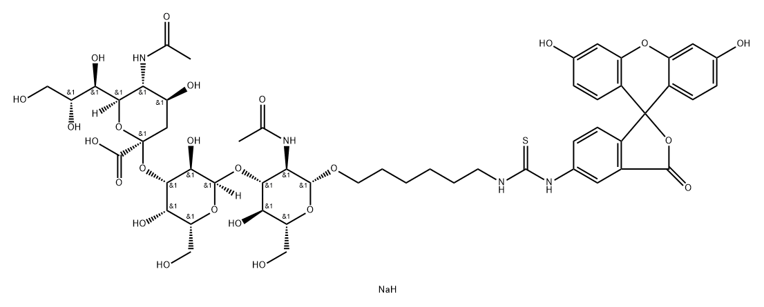 Thiourea, N-6-O-(N-acetyl-.alpha.-neuraminosyl)-(23)-O-.beta.-D-galactopyranosyl-(13)-2-(acetylamino)-2-deoxy-.beta.-D-glucopyranosyloxyhexyl-N-(3,6-dihydroxy-3-oxospiroisobenzofuran-1(3H),9-9Hxanthen-5-yl)-, disodium salt 结构式