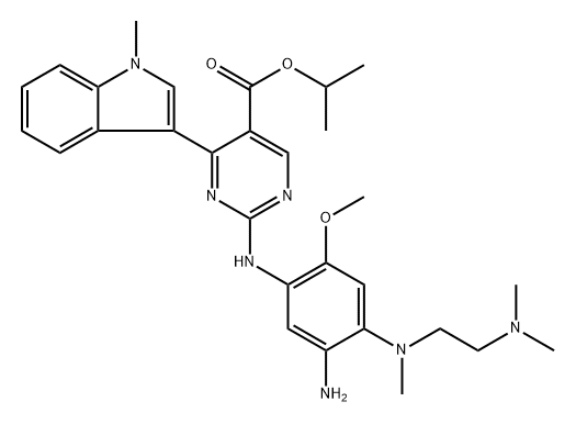 2-((5-氨基-4-((2-(二甲基氨基)乙基)(甲基)氨基)-2-甲氧基苯基)氨基)-4-(1-甲基-1H-吲哚-3-基)嘧啶-5-羧酸异丙酯 结构式