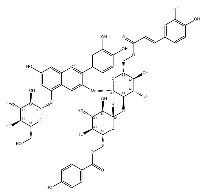 矢车菊素-3-O-[6-O-反式-咖啡酰-(6-O-P-苯甲酰-2-O-Β-葡萄糖苷)]-Β-葡萄糖苷)-5-O-Β-葡萄糖苷 结构式