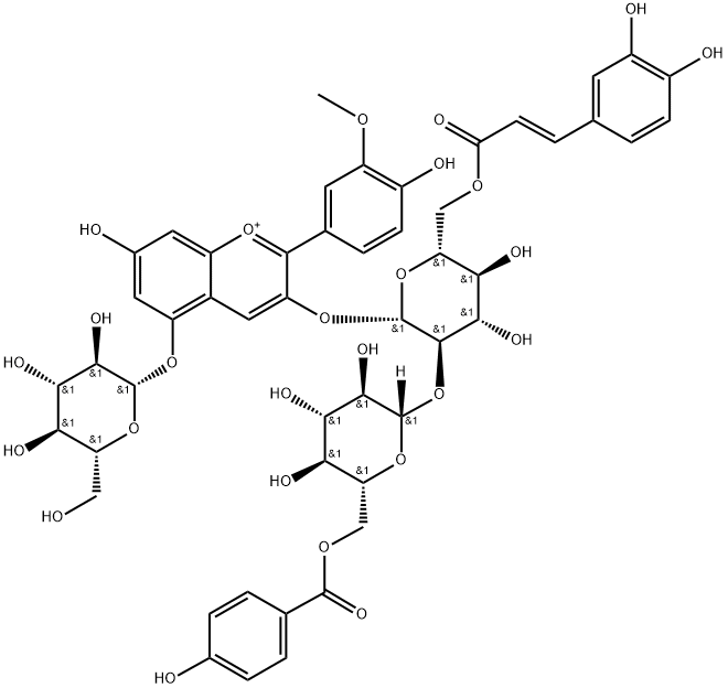 芍药色素-3-O-[6-O-(E)-咖啡酰-2-O-{6-O-对羟基苯甲酰-Β-D-葡萄糖苷}-Β-D-葡萄糖苷]-5-O-Β-D-葡萄糖苷 结构式