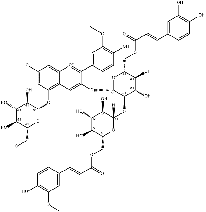 芍药色素-3-O-[6-O-(E)-咖啡酰-2-O-{6-O-(E)-阿魏酰-Β-D-葡萄糖苷}-Β-D-葡萄糖苷]-5-O-Β-D-葡萄糖苷 结构式