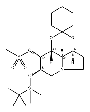 Spirocyclohexane-1,2-1,3dioxino4,5,6-hiindolizin-9-ol, 8-(1,1-dimethylethyl)dimethylsilyloxyoctahydro-, methanesulfonate (ester), 3aS-(3a.alpha.,8.alpha.,9.alpha.,9a.beta.,9b.alpha.)- 结构式