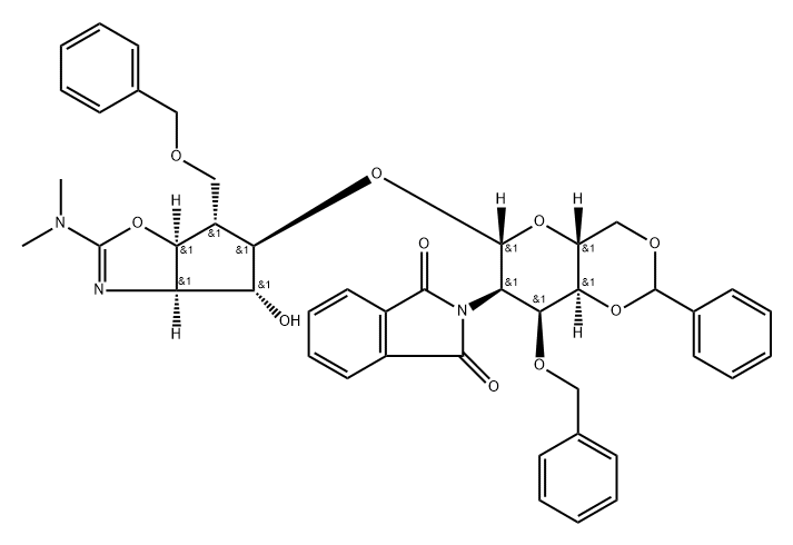 .beta.-D-Allopyranoside, (3aR,4R,5R,6S,6aS)-2-(dimethylamino)-3a,5,6,6a-tetrahydro-4-hydroxy-6-(phenylmethoxy)methyl-4H-cyclopentoxazol-5-yl 2-deoxy-2-(1,3-dihydro-1,3-dioxo-2H-isoindol-2-yl)-3-O-(phenylmethyl)-4,6-O-(phenylmethylene)- 结构式