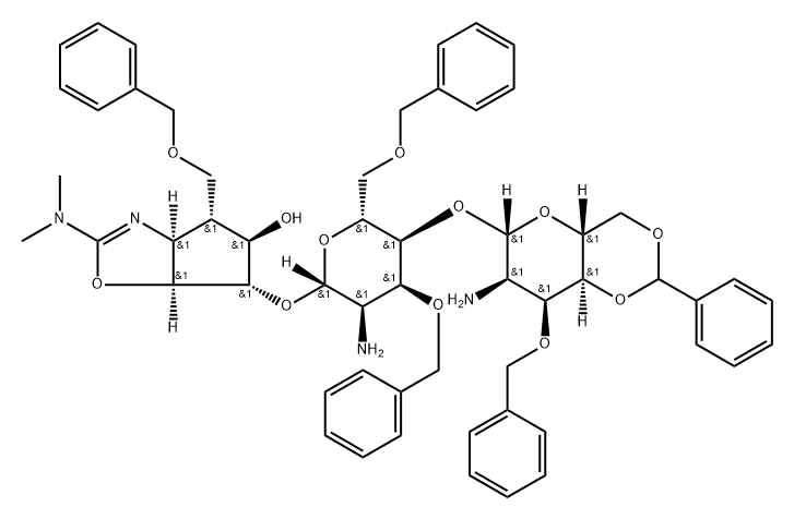 .beta.-D-Allopyranoside, (3aS,4R,5R,6S,6aS)-2-(dimethylamino)-3a,5,6,6a-tetrahydro-5-hydroxy-4-(phenylmethoxy)methyl-4H-cyclopentoxazol-6-yl 2-amino-4-O-2-amino-2-deoxy-3-O-(phenylmethyl)-4,6-O-(phenylmethylene)-.beta.-D-allopyranosyl-2-deoxy-3,6-bis-O-(p 结构式