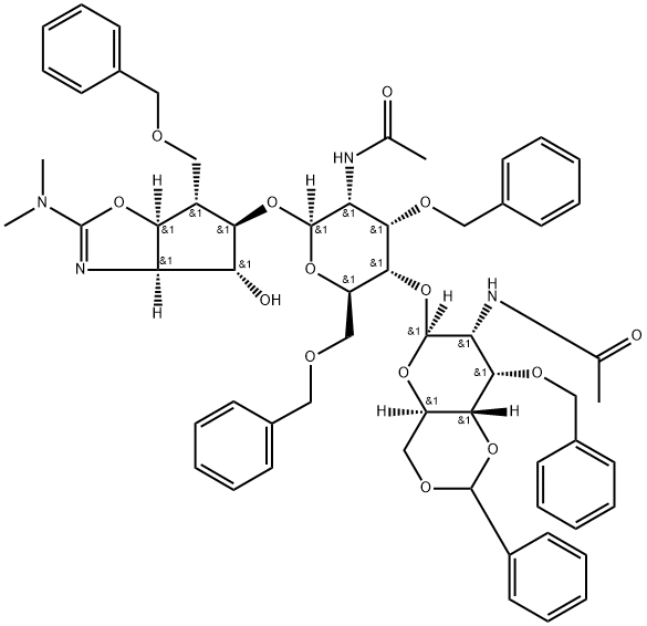 .beta.-D-Allopyranoside, (3aR,4R,5R,6S,6aS)-2-(dimethylamino)-3a,5,6,6a-tetrahydro-4-hydroxy-6-(phenylmethoxy)methyl-4H-cyclopentoxazol-5-yl 2-(acetylamino)-4-O-2-(acetylamino)-2-deoxy-3-O-(phenylmethyl)-4,6-O-(phenylmethylene)-.beta.-D-allopyranosyl-2-de 结构式
