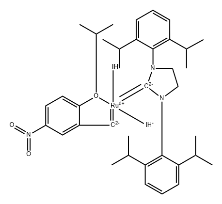 [1,3-双(2,6-二异丙基苯基)咪唑烷-2-亚基)(2-异丙氧基-5-硝基亚苄基)二碘化钌(II) 结构式