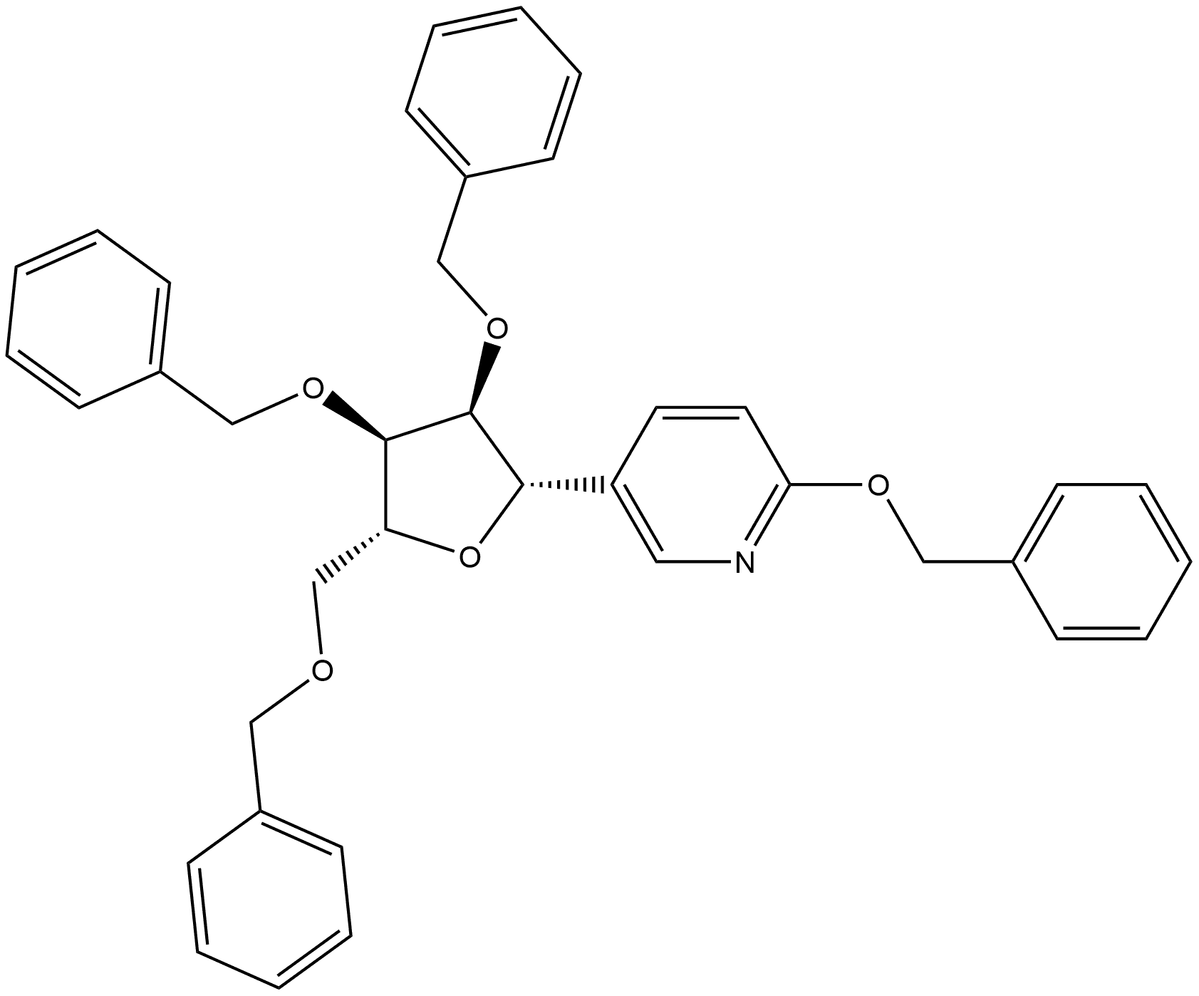 2-(benzyloxy)-5-((2S,3S,4R,5R)-3,4-bis(benzyloxy)-5-((benzyloxy)methyl)tetrahydrofuran-2-yl)pyridine 结构式