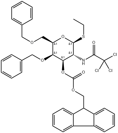β-D-Galactopyranoside, ethyl 2-deoxy-4,6-bis-O-(phenylmethyl)-1-thio-2-[(2,2,2-trichloroacetyl)amino]-, 3-(9H-fluoren-9-ylmethyl carbonate) 结构式