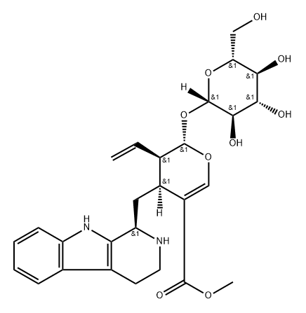 (4S)-4β-[[(1R)-1,2,3,4-Tetrahydro-β-carboline-1β-yl]methyl]-5β-ethenyl-6α-(β-D-glucopyranosyloxy)-5,6-dihydro-4H-pyran-3-carboxylic acid methyl ester 结构式