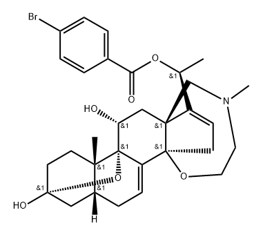 (20S)-22-Methyl-3α,9α-epoxy-14β,18-(epoxyethanimino)-5β-pregna-7,16-diene-3β,11α,20-triol 20-(p-bromobenzoate) 结构式