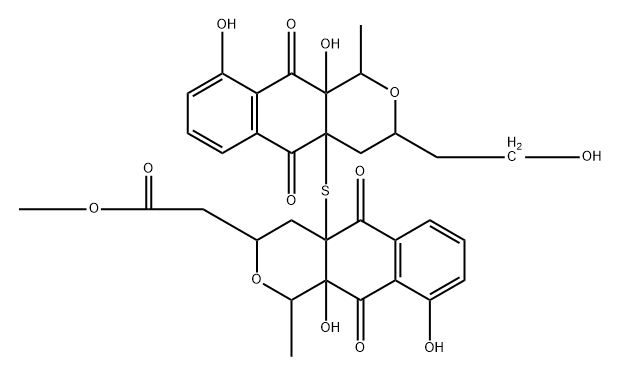 1H-Naphtho[2,3-c]pyran-3-acetic acid, 4a-[[1,3,4,5,10,10a-hexahydro-9,10a-dihydroxy-3-(2-hydroxyethyl)-1-methyl-5,10-dioxo-4aH-naphtho[2,3-c]pyran-4a-yl]thio]-3,4,4a,5,10,10a-hexahydro-9,10a-dihydroxy-1-methyl-5,10-dioxo-, methyl ester, (-)- 结构式