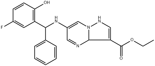 Pyrazolo[1,5-a]pyrimidine-3-carboxylic acid, 6-[[(5-fluoro-2-hydroxyphenyl)phenylmethyl]amino]-1,3a-dihydro-, ethyl ester 结构式