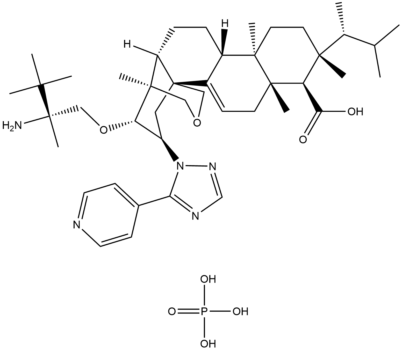 4H-1,4a-Propano-2H-phenanthro[1,2-c]pyran-7-carboxylic acid, 15-[(2R)-2-amino-2,3,3-trimethylbutoxy]-8-[(1R)-1,2-dimethylpropyl]-1,6,6a,7,8,9,10,10a,10b,11,12,12a-dodecahydro-1,6a,8,10a-tetramethyl-14-[5-(4-pyridinyl)-1H-1,2,4-triazol-1-yl]-, (1S,4aR,6aS,7R,8R,10aR,10bR,12aR,14R,15R)-, phosphate (1:… 结构式
