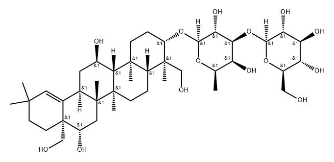 β-D-Galactopyranoside, (3β,4α,11α,16β)-11,16,23,28-tetrahydroxyolean-18-en-3-yl 6-deoxy-3-O-β-D-glucopyranosyl- 结构式