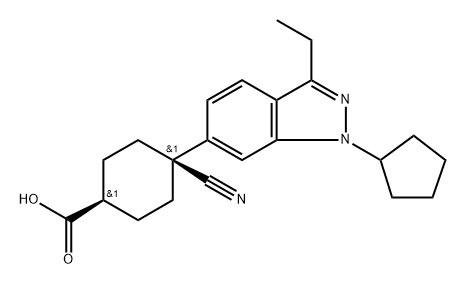 Cyclohexanecarboxylic acid, 4-cyano-4-(1-cyclopentyl-3-ethyl-1H-indazol-6-yl)-, cis- 结构式